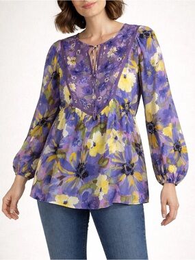 1775 Boutique Brand Purple Floral Boho Tunic Top Tie Neck Peasant Blouse Size L